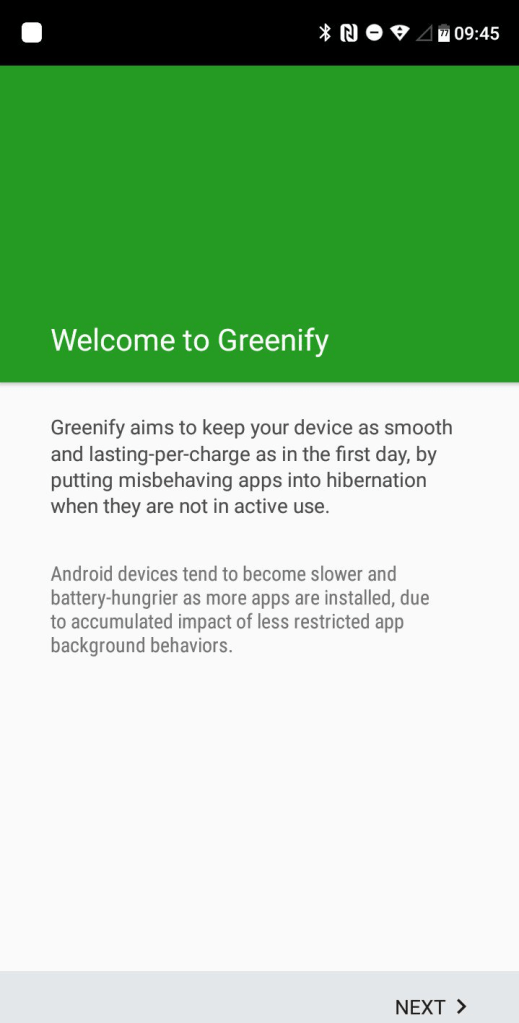 welcome to greenify message screen.